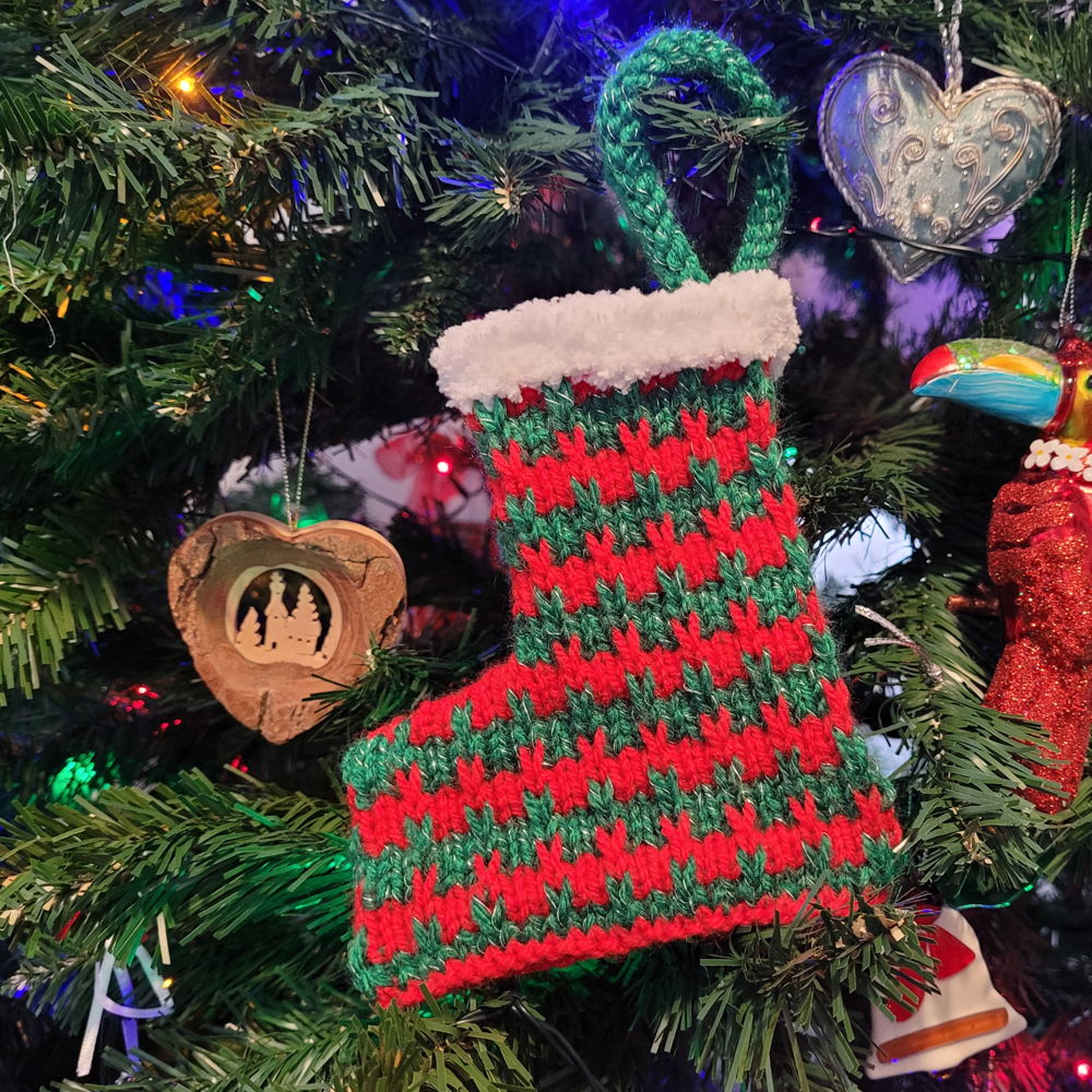 Mini Christmas stocking with slipped stitch pattern