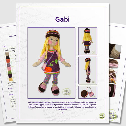 Patroon voor een grote gehaakte pop van Gabi, Amigurumi, 21"/53 cm lang.