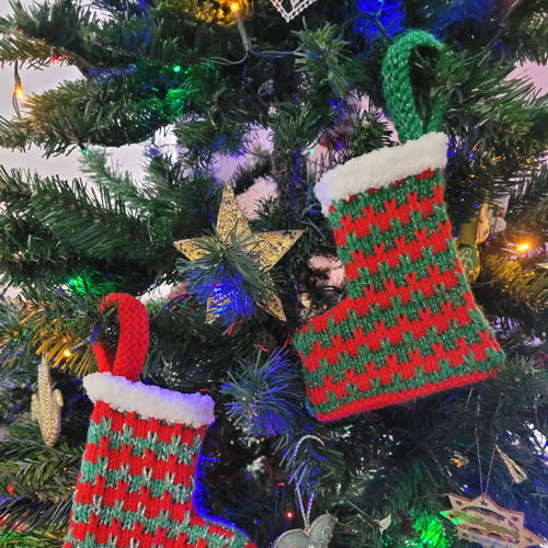 Mini Christmas stocking with slipped stitch pattern