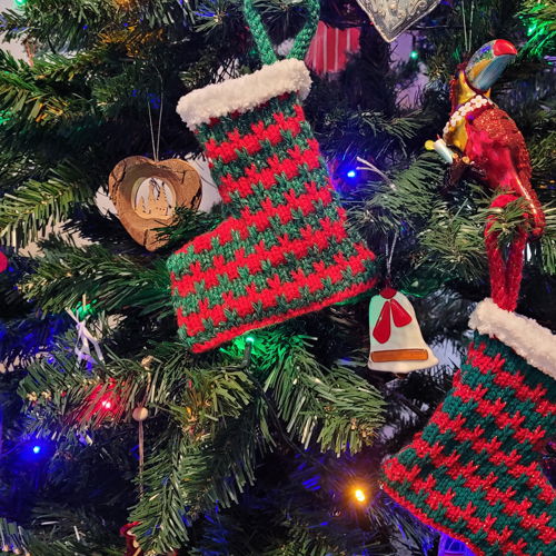 Mini Christmas stocking with slipped stitch pattern
