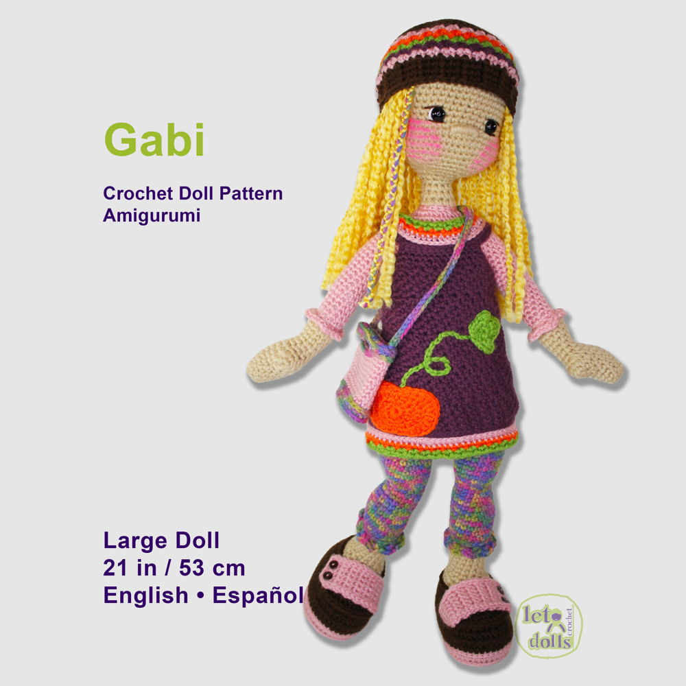 Patroon voor een grote gehaakte pop van Gabi, Amigurumi, 21"/53 cm lang.
