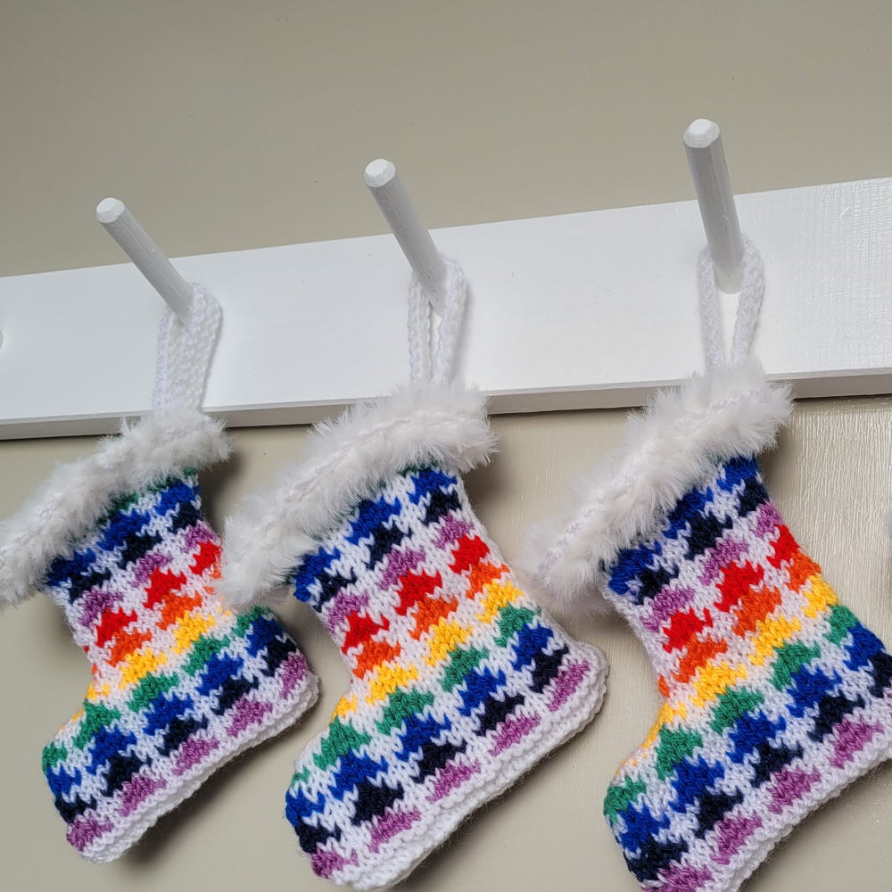 Rainbow treelines Christmas stocking in 8 ply