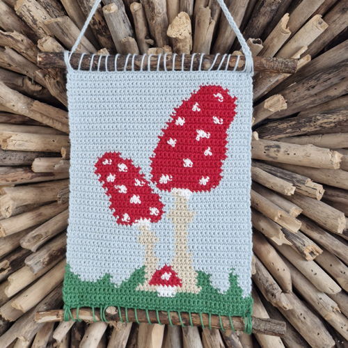 Haakpatroon wandhanger met paddenstoelen